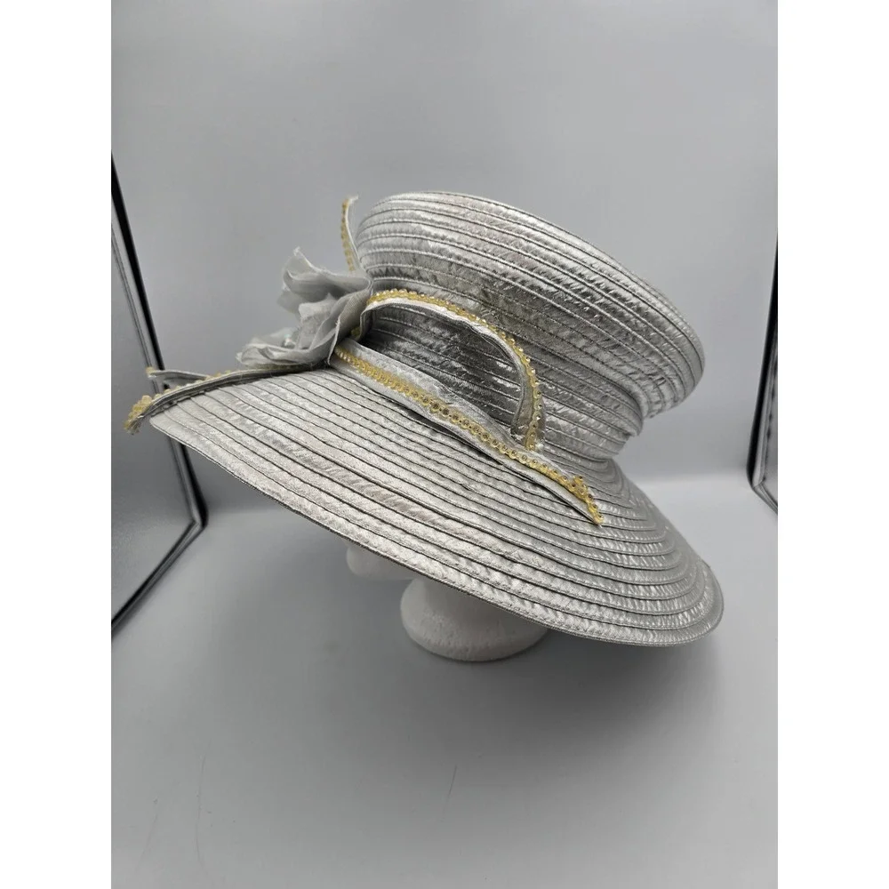 Unbranded Wide Brim Church Hat Women One‎ Size Silver Good Floral Sequin Trim